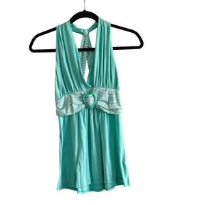 Vintage Y2K Fang Medium Turquoise Stripe Halter Strappy Back Baby Doll Tank Top